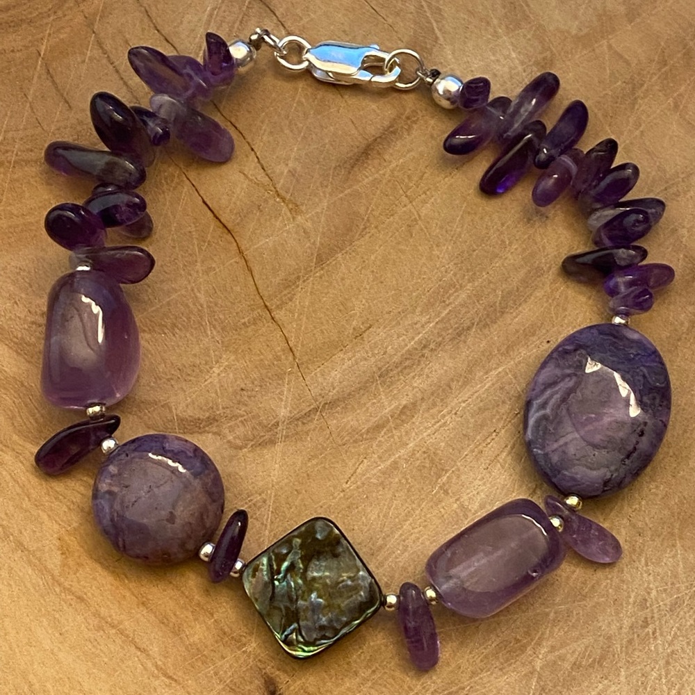 Beautiful Amethyst, abalone, and agate or Charoite 925 sterling silver bracelet